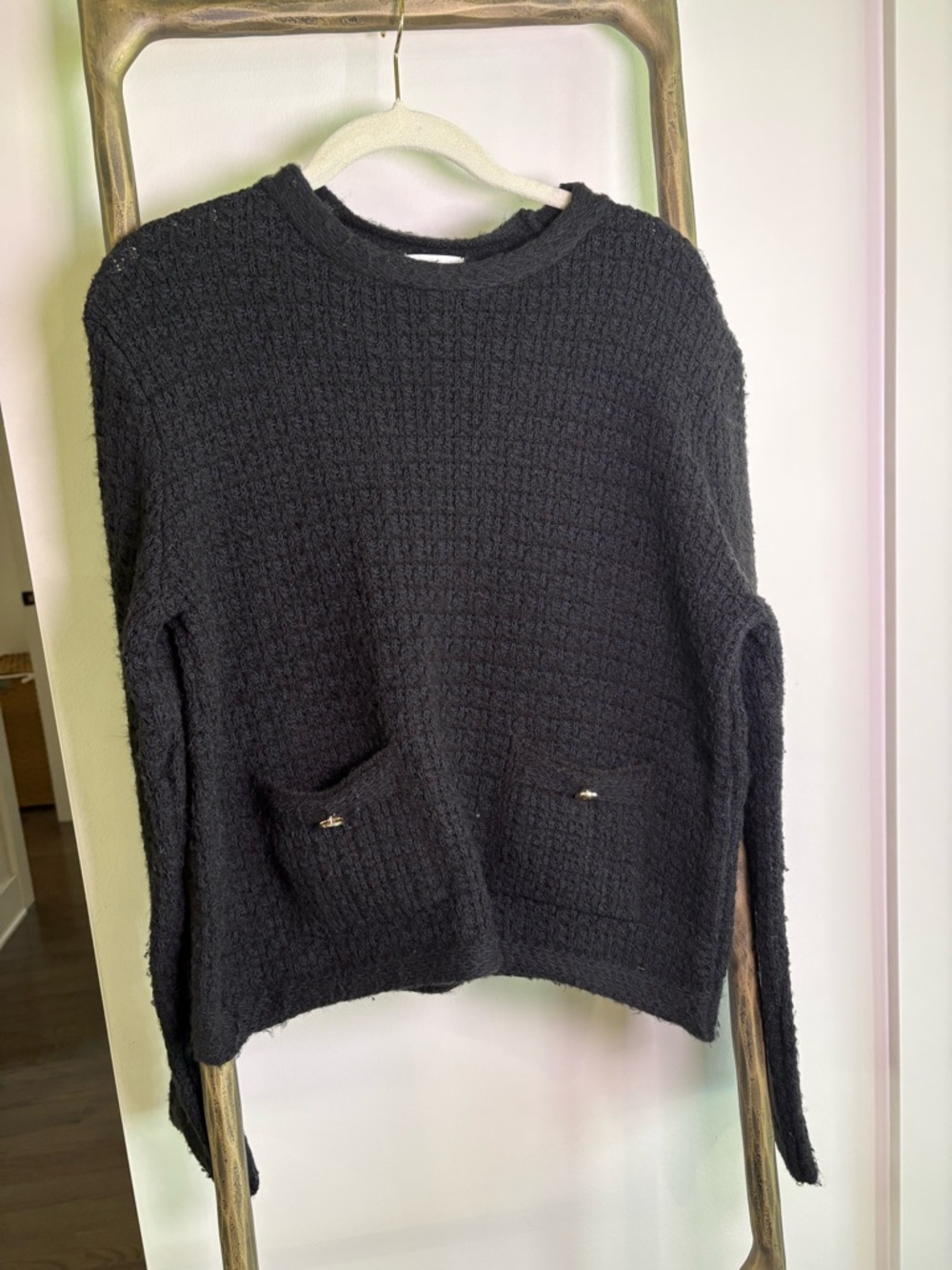 H&M Black Textured Crewneck Sweater with Pocket Button Accents